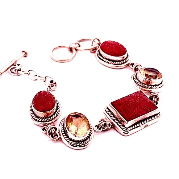925 Sterling silver carved carnelian and faceted citrine bracelet 37.4g - Picture 1 of 10